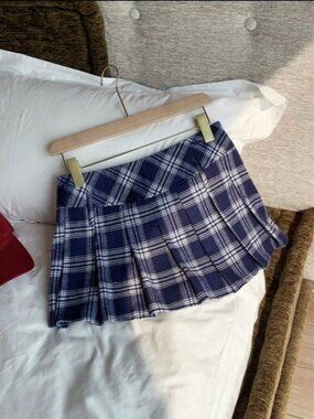 Navy Plaid Pleated Mini Skirt
